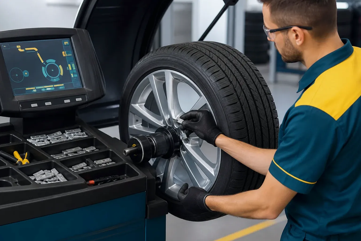 Equipamento de balanceamento de rodas em operação em Valparaíso de Goiás.