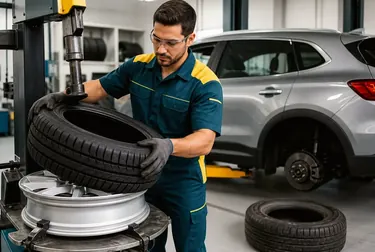 Equipe de borracharia substituindo pneus de um carro em Valparaíso de Goiás.