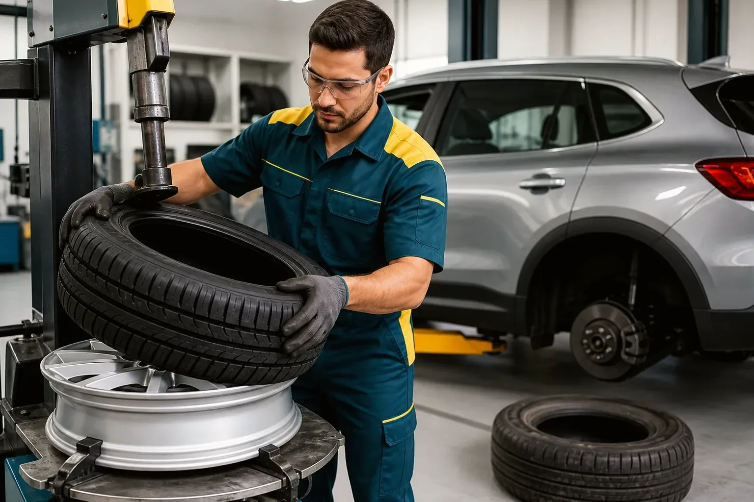 Equipe de borracharia substituindo pneus de um carro em Valparaíso de Goiás.
