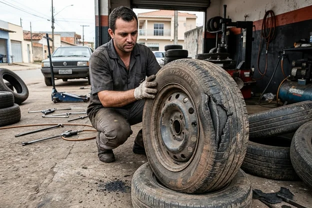 Pneu danificado, destacando sinais visíveis de problemas em Valparaíso de Goiás.