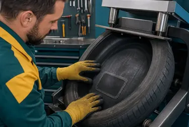 Técnico executando vulcanização de pneus em um ambiente de trabalho especializado.