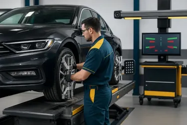 Técnico realizando alinhamento de rodas em um automóvel em Valparaíso de Goiás.