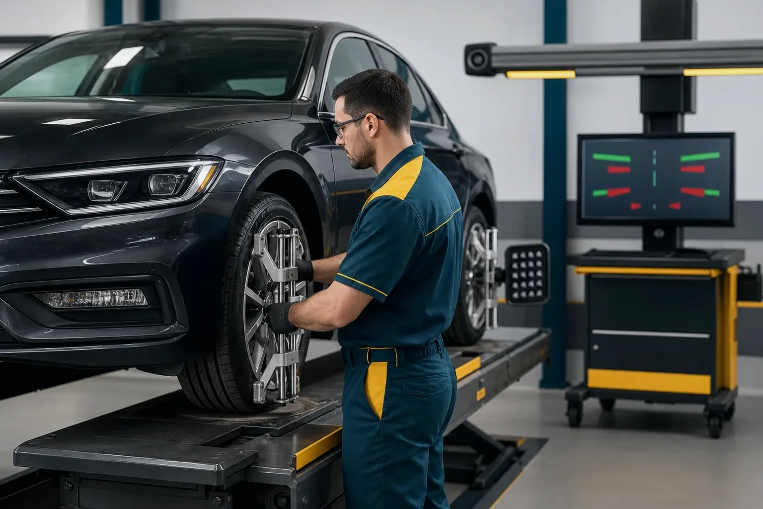 Técnico realizando alinhamento de rodas em um automóvel em Valparaíso de Goiás.